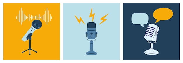 Zestaw trzech mikrofonów nowoczesny i retro sprzęt audio studio Ręcznie rysowane wektor