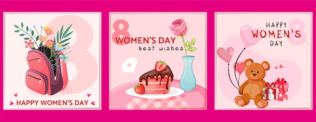 Plik wektorowy zestaw trzech pocztówek na 8 marca pocztówki na światowy dzień kobiet słodki różowy pocztówka