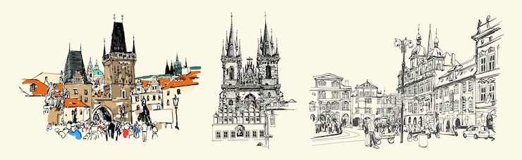 Wektor zestaw trzech rysunkowych szkiców w pradze na białym tle