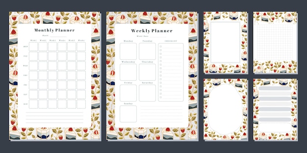 Zestaw Tygodniowego Terminarza, Miesięcznego Terminarza, Notatek, Notatek, Szablonów Terminarza Szkolnego Z Ręcznie Rysowanymi Elementami Tortowymi, Kwiatowymi I Truskawkowymi