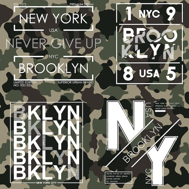 Plik wektorowy zestaw typografii koszulki z teksturą kamuflażu nowy jork brooklyn projekt wojskowy na koszulkę