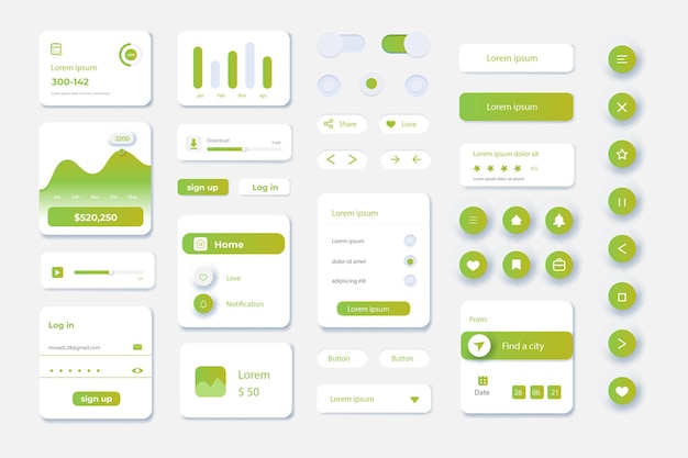 Zestaw UI UX do projektowania aplikacji i stron internetowych z kolorem gradientu i realistycznym cieniem