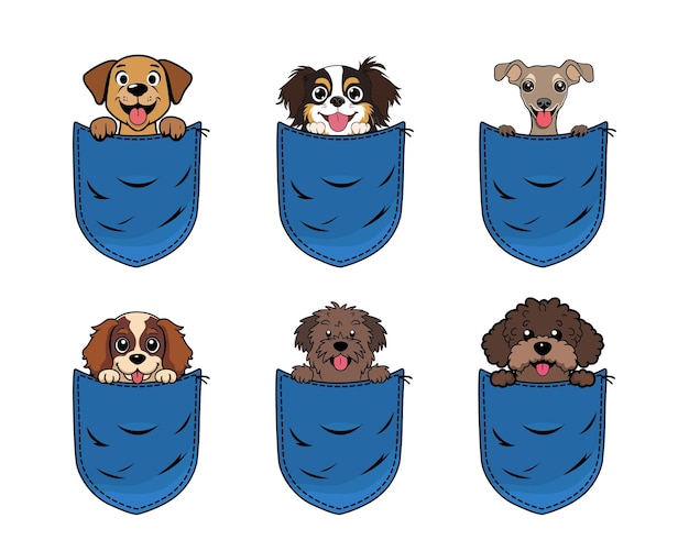 Zestaw uroczego psa z kreskówki w kieszeni dżinsa izolowanego projektu Pies Peeking From Pocket ilustracja wektorowa