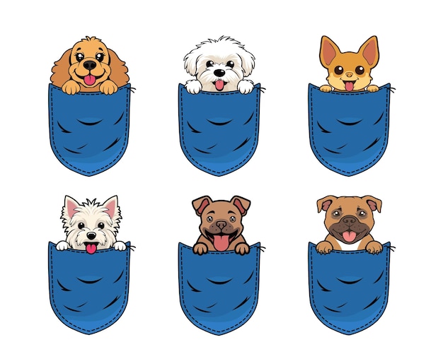 Zestaw uroczego psa z kreskówki w kieszeni dżinsa izolowanego projektu Pies Peeking From Pocket ilustracja wektorowa