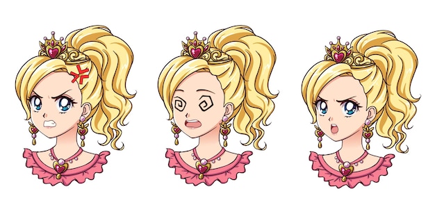 Zestaw Uroczej Księżniczki Anime Z Różnymi Wyrazami Twarzy. Blond Włosy, Duże Niebieskie Oczy, Złota Korona.