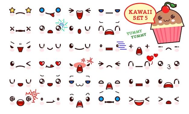 Zestaw uroczej twarzy emotikonów kawaii i słodkiego ciasta kawaii