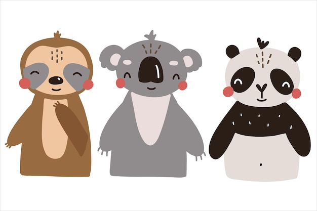 Zestaw Uroczych Dzikich Zwierząt Koala Panda Lenistwo Wektor Ilustracja Izolowana Na Białym Tle Do Dekoracji Pokoju Dziecięcego Pocztówki Tekstylia