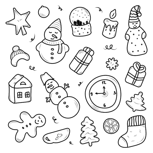 Zestaw uroczych elementów świątecznych i noworocznych w stylu doodle na białym tle
