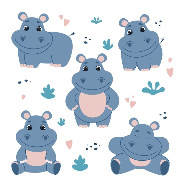 Plik wektorowy zestaw uroczych hipopotamów w stylu kreskówek ilustracja wektorowa izolowana na białym tle