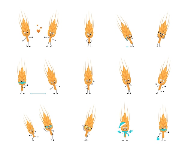 Zestaw Uroczych Kłosów Pszenicznych Ze Szczęśliwymi Lub Smutnymi Emocjami, Paniką, Miłością Lub Odważną Twarzą, Rękami I Nogami