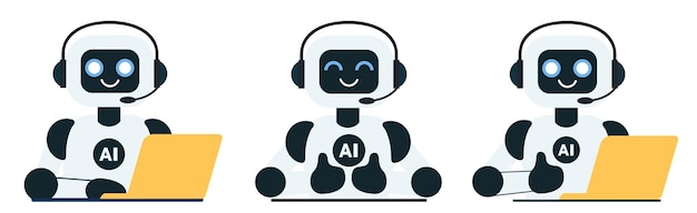 Zestaw uroczych robotów chatowych z żółtym laptopem ilustracje asystent robota z żółtim laptopem dla