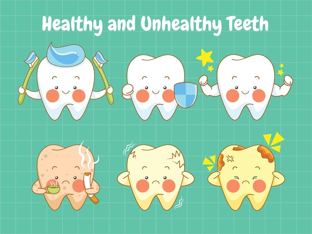 Plik wektorowy zestaw uroczych, zdrowych i niezdrowych zębów postaci z kreskówek