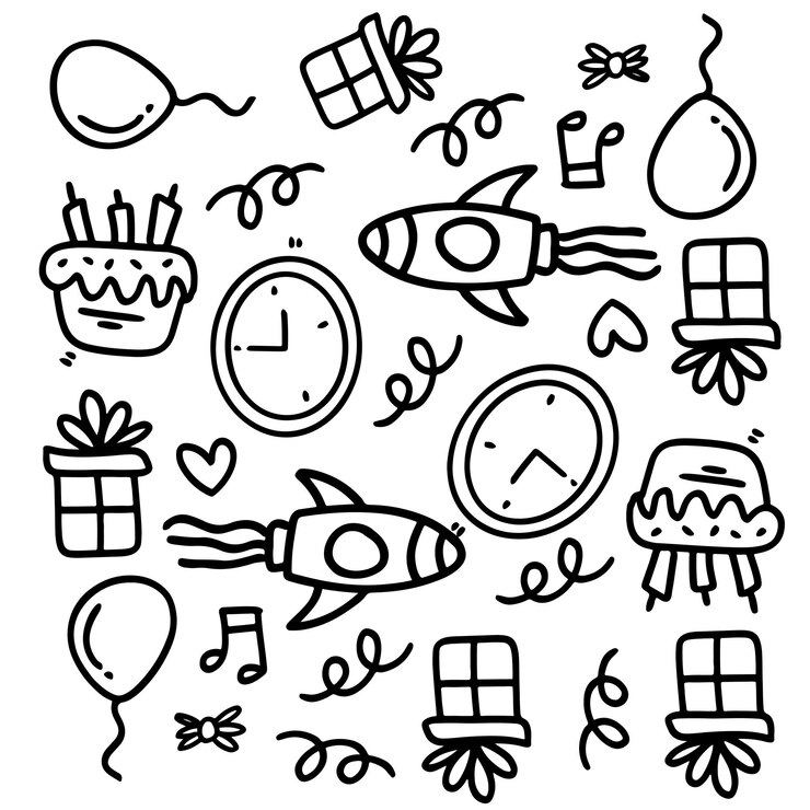 Zestaw urodzinowy z wektorem stylu linii doodle