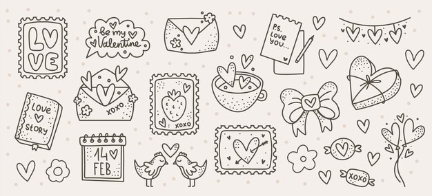 Zestaw Valentine's Day Outline Clip Art Z Romantycznymi Elementami Doodle