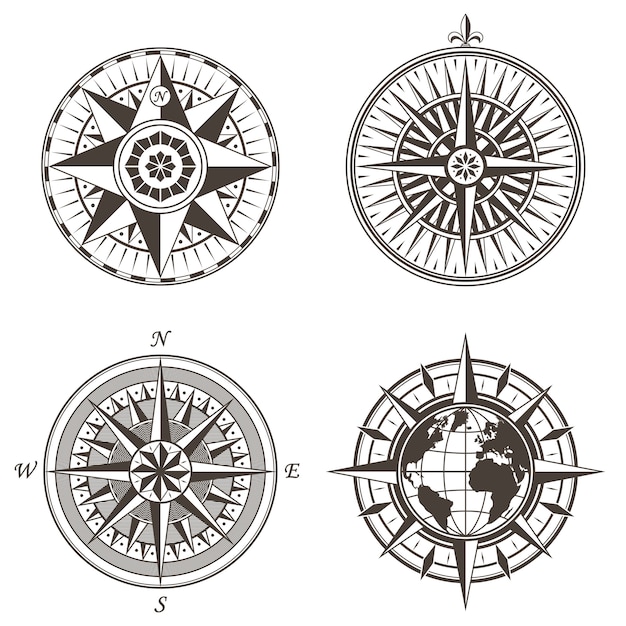 Zestaw Vintage Antyczne Róża Wiatrów Morskich Kompas Znaki Etykiety