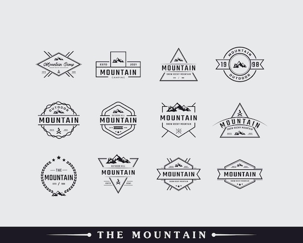 Zestaw Vintage Classic Emblem Badge Lód śnieg Góra Skalista Symbol Creek Rzeka Mount Peak Hill Logo