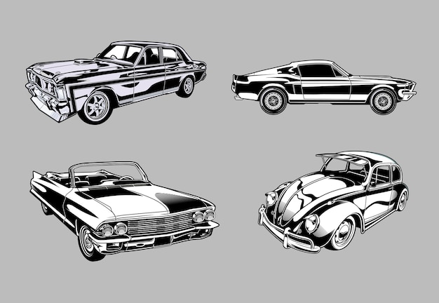 Zestaw Vintage muscle i klasyczne samochody w monochromatycznych samochodach w stylu Retro