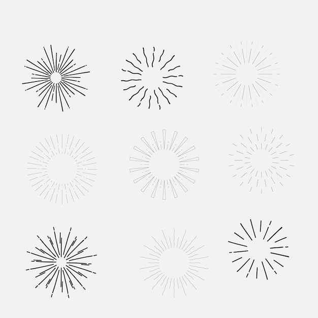 Zestaw vintage sunbursts w różnych kształtach modne ręcznie narysowane retro bursting rays elementy projektowe