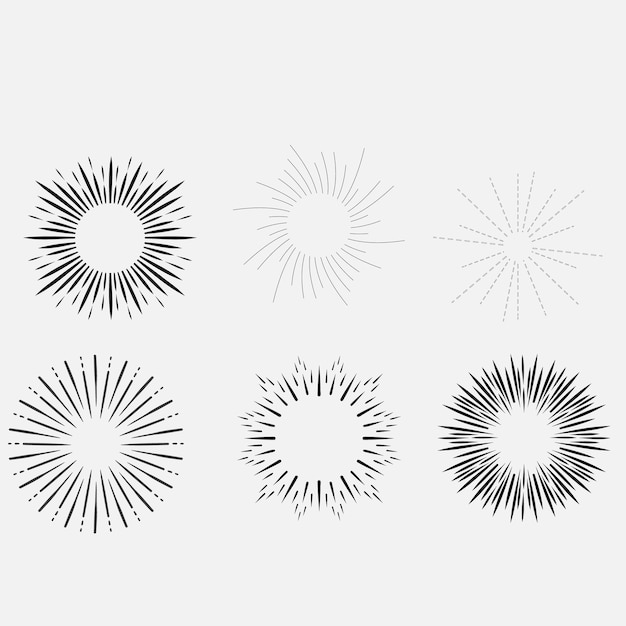 Zestaw vintage sunbursts w różnych kształtach modne ręcznie narysowane retro bursting rays elementy projektowe