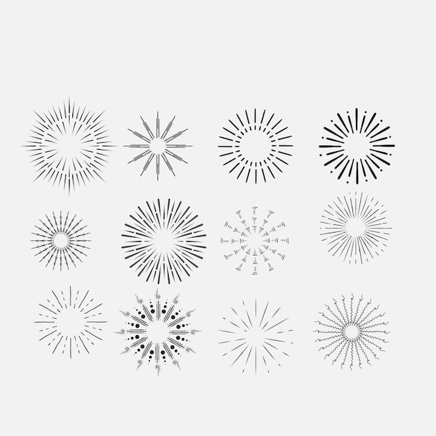 Zestaw vintage sunbursts w różnych kształtach modne ręcznie narysowane retro bursting rays elementy projektowe