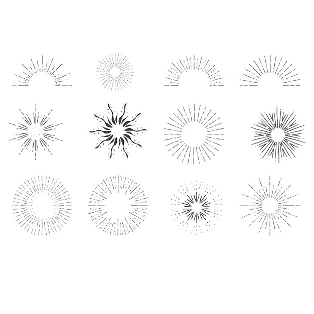 Zestaw vintage sunbursts w różnych kształtach modne ręcznie narysowane retro bursting rays elementy projektowe