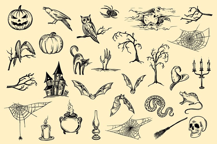 Wektor zestaw wektor halloween ręcznie rysowane elementy w stylu szkicu kolekcja obiektów czarno-białych