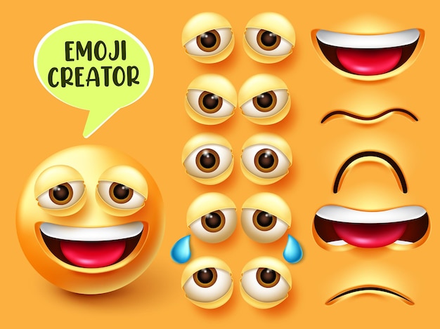 Zestaw wektor kreatora emoji. Emotikon 3d znaków w wyrazie twarzy szczęśliwy, smutny i zły.