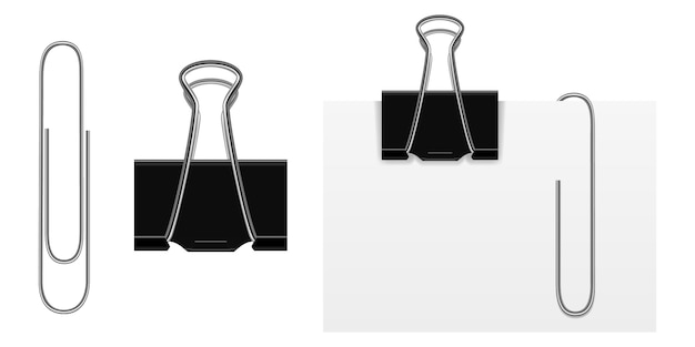 Zestaw wektor realistyczne czarne i srebrne spinacze do papieru.