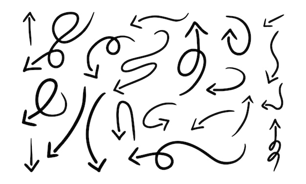 Zestaw wektor zakrzywione strzałki ręcznie rysowane styl doodle szkic Kolekcja wskaźników