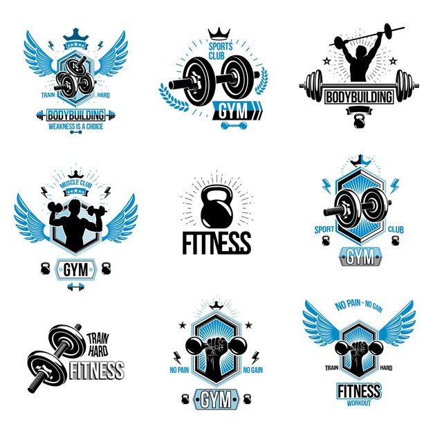 Zestaw Wektorów Cross Fit I Emblematów Tematycznych Fitness Oraz Plakatów Motywacyjnych Stworzonych Z Hantlami, Sztangą, Sprzętem Sportowym Kettlebells I Sylwetkami Ciała Sportowca.