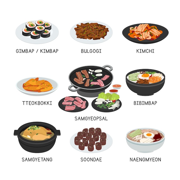Plik wektorowy zestaw wektorów koreańskiego jedzenia. zestaw słynnych potraw w koreańskiej kreskówce clipart. azjatyckie jedzenie. kuchnia koreańska