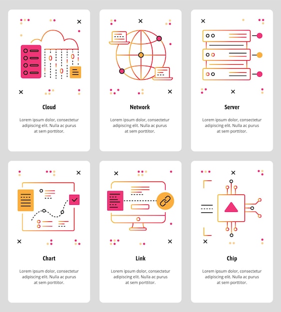 Zestaw wektorowy ekranów wdrażania aplikacji mobilnych Cloud Network Server Chart Link Chip szablony internetowe i banery Ikony projektowania stylu sztuki cienkiej linii dla menu strony internetowej