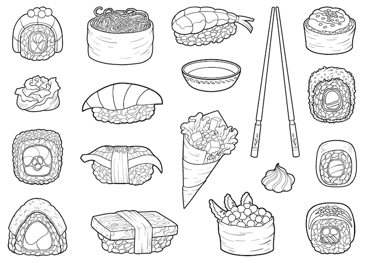 Wektor zestaw wektorowy japońskiego jedzenia czarno-biały zbiór kreskówek sushi sashimi i rolki