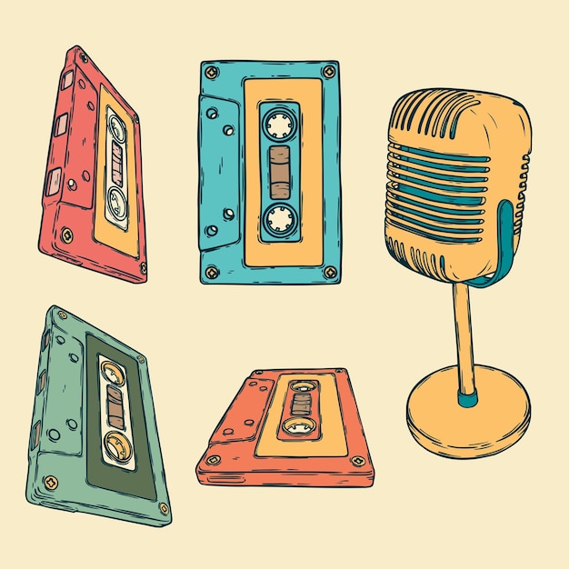 Zestaw Wektorowy Retro Vintage Mikrofonowej Kasety Audio Izolowanej Na Białym Zestawie Muzycznym Ogłoszenia