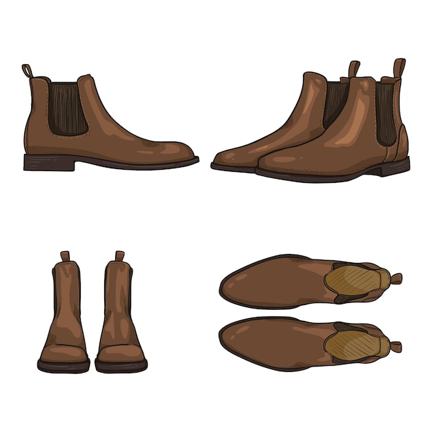 Zestaw Wektorowy Z Kreskówek Brown Suede Classic Shoes Chelsea Boots Different Views