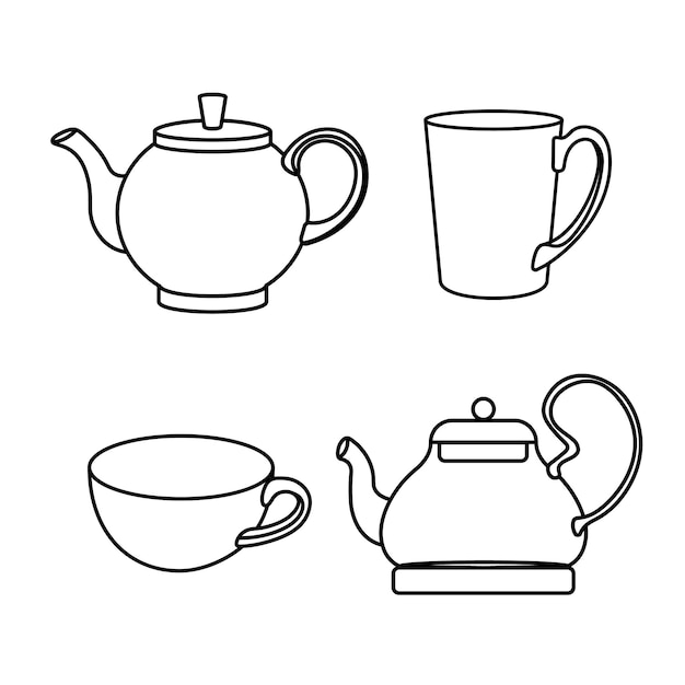Zestaw wektorowych czarno-białych ilustracji czajników i kubków do herbaty