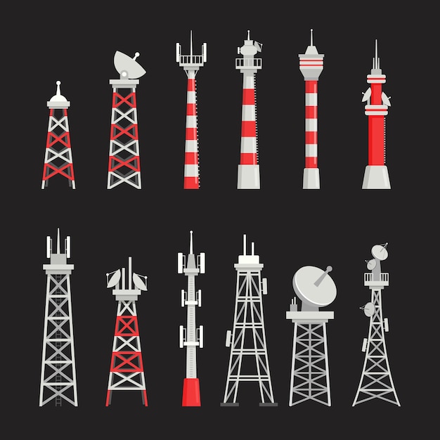 Plik wektorowy zestaw wież telekomunikacyjnych, masztów radiowych, nadajników sygnału satelitarnego komunikacji. różne rodzaje elementów nadawczych telekomunikacyjnych, telewizyjnych i radiowych. ilustracja kreskówka wektor, ikony