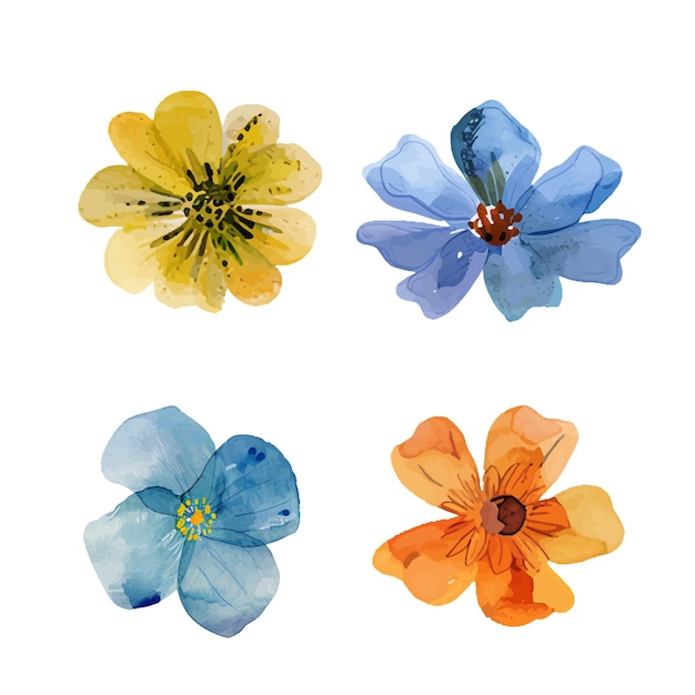 Zestaw Wiosennych Kwiatów Akwarelowych Kwiat żółty Niebieski Fioletowy