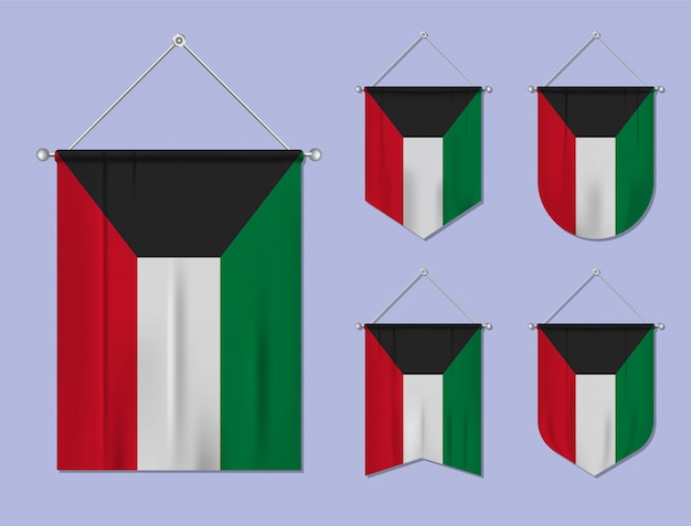 Zestaw Wiszących Flag Kuwejt Z Tekstylnymi Teksturami. Różnorodność Kształtów Kraju Bandery. Proporczyk Pionowy Szablon