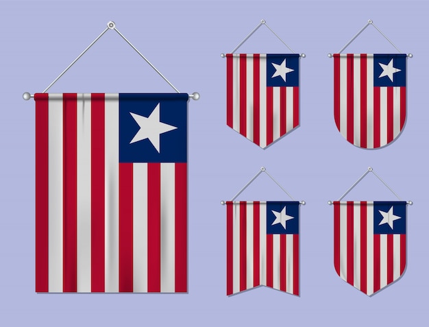 Zestaw Wiszących Flag Liberia Z Tekstylnymi Teksturami. Różnorodność Kształtów Kraju Bandery. Proporczyk Pionowy Szablon