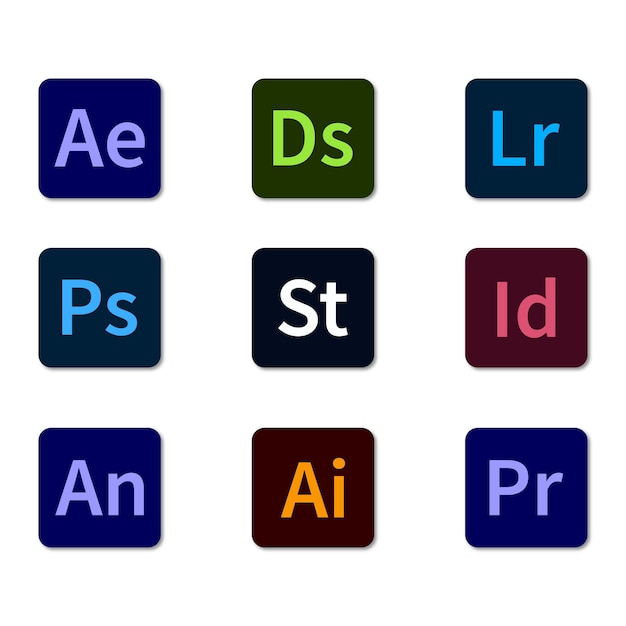 Zestaw wszystkich ikon oprogramowania Adobe
