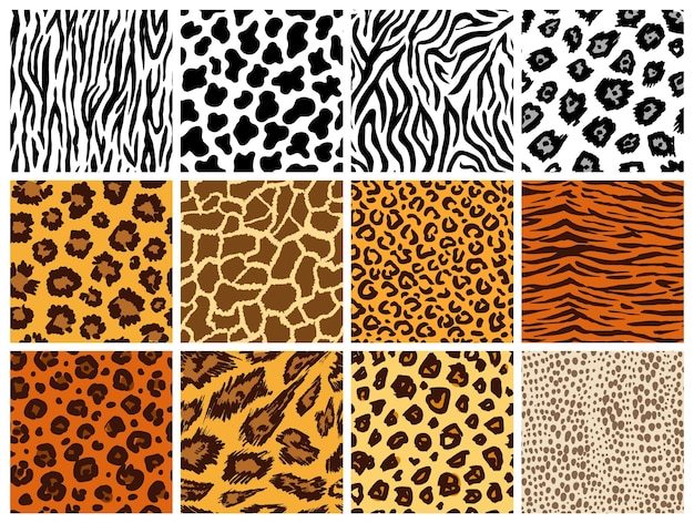 Zestaw wzorów zwierzęcych Ssaki Futro Kolekcja skórek do druku Drapieżniki Kamuflaż Gepard Żyrafa Zebra Lampart Bydło Holsztyńskie Wąż Jaguar Tło do druku Ilustracja wektorowa