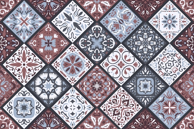 Plik wektorowy zestaw wzorzystych płytek podłogowych azulejo tło bezszwowy kolorowy wzór abstrakcyjna geometryczna patchwork kolekcja płytek ceramicznych w stylu tureckim wystrój portugalski i hiszpański islam arabski