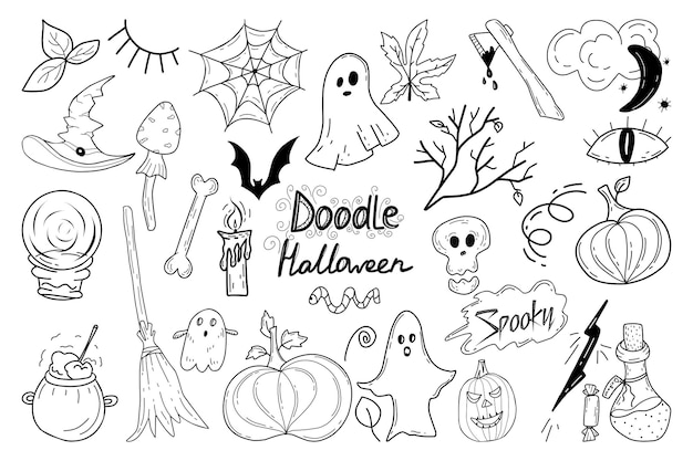 Plik wektorowy zestaw z elementami na halloween w stylu doodle na tle