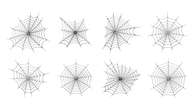 Zestaw Z Ikonami Pajęczyny. Halloweenowa Dekoracja Z Pajęczyną. Pajęczyna Płaski Wektor