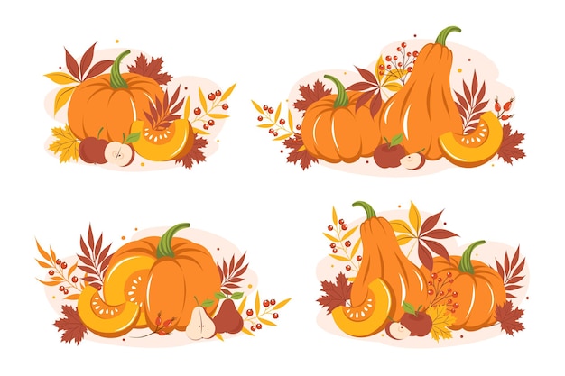 Zestaw Z Kolorowymi Jesiennymi Liśćmi Dyni I Owoców Wesołego Dziękczynienia