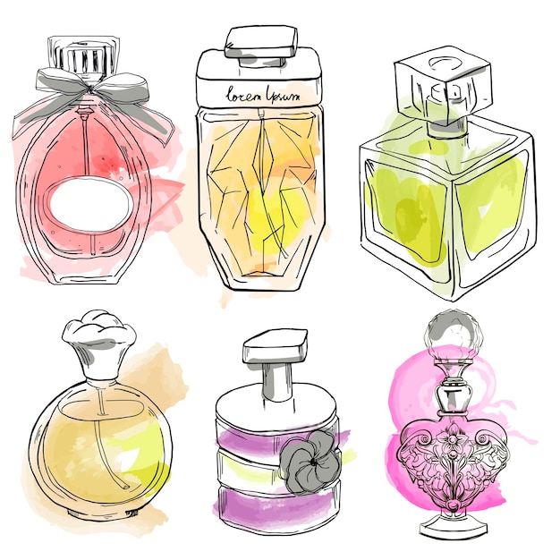 Zestaw z różnymi butelkami perfum. ilustracja wektorowa