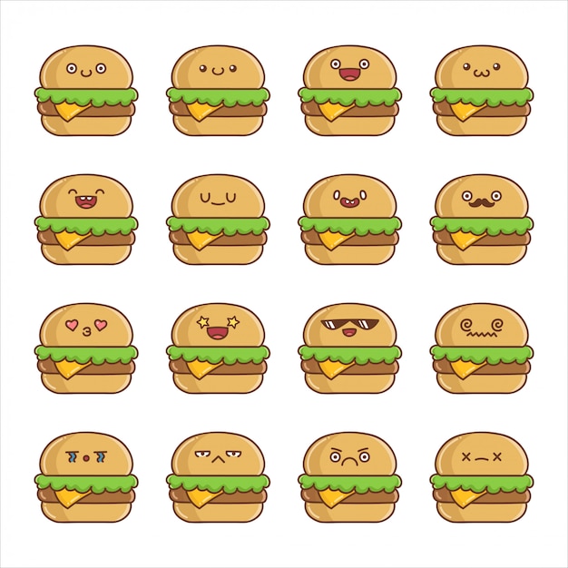 Plik wektorowy zestaw zabawnych kreskówek hamburger z serem kawaii