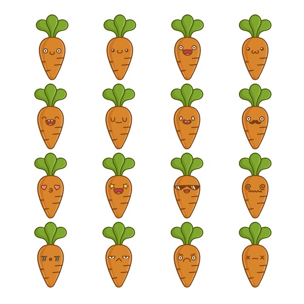 Plik wektorowy zestaw zabawnych kreskówek warzyw marchew ładny ikona na białym tle
