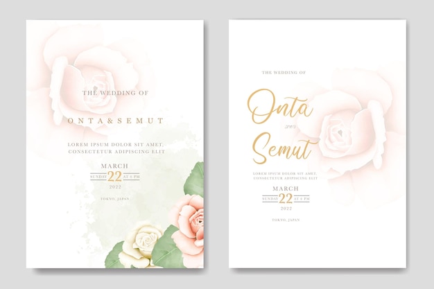 Plik wektorowy zestaw zaproszeń ślubnych z różowymi różami i złotym tekstem.